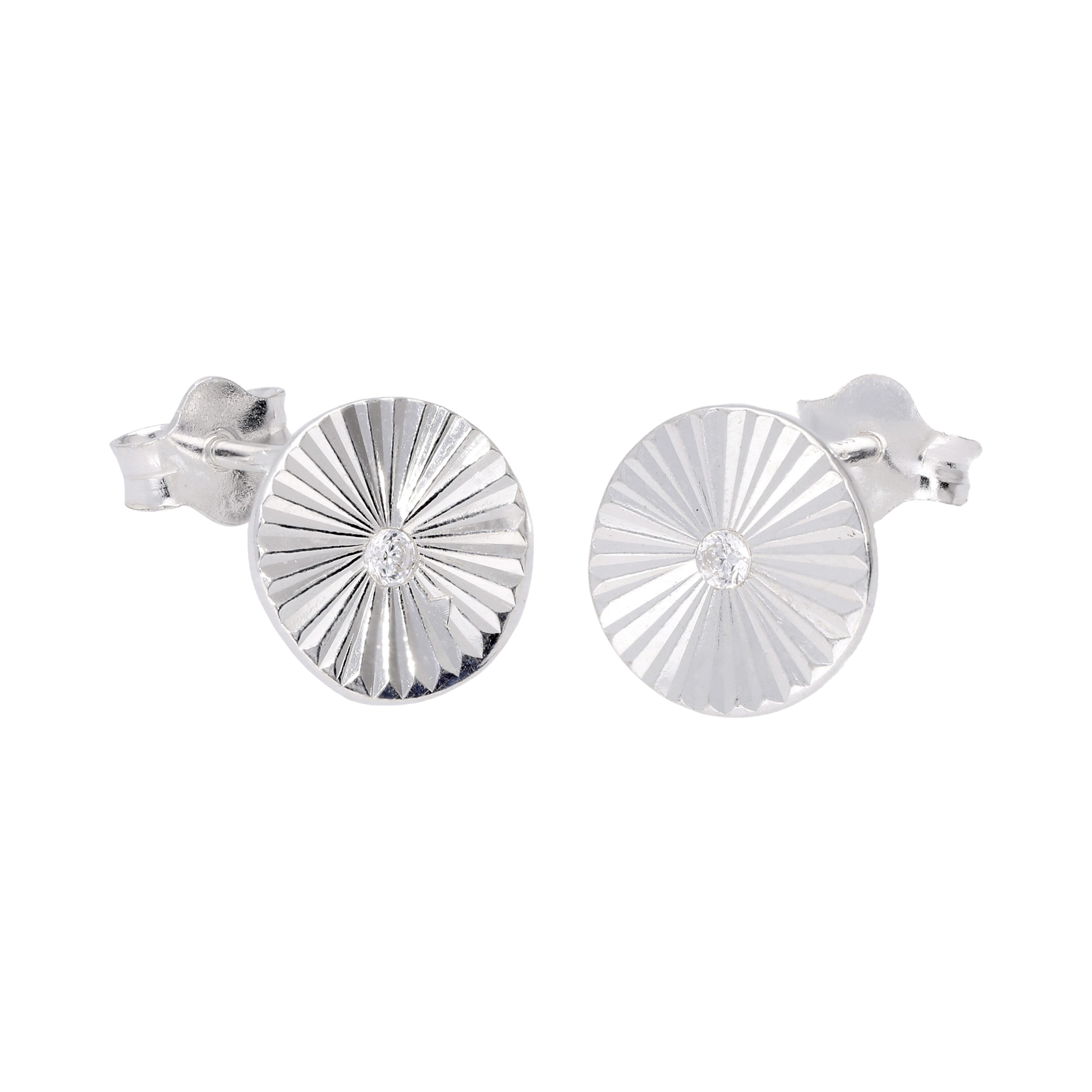 Sterling Silver Starburst Diamond Cut Clear CZ Stud Earrings