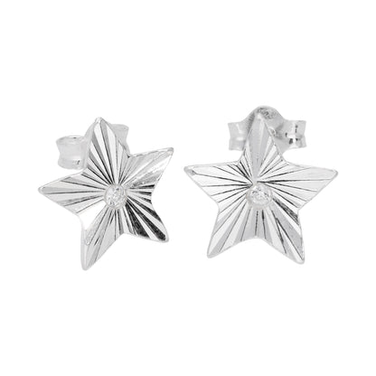 Sterling Silver Starburst Diamond Cut Clear CZ Stud Earrings