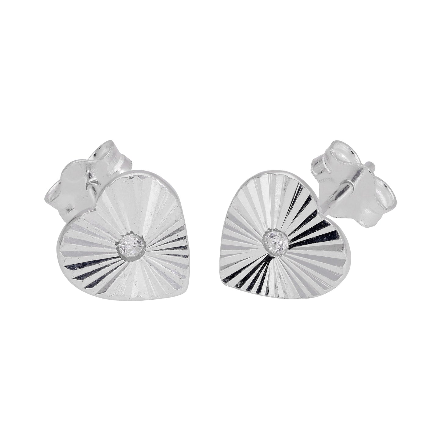 Sterling Silver Starburst Flat Heart Diamond Cut Clear CZ Stud Earrings