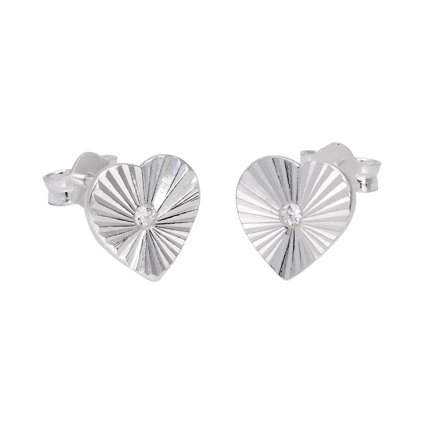 Sterling Silver Starburst Flat Heart Diamond Cut Clear CZ Stud Earrings