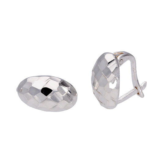 Sterling Silver Hammered Faceted Oval Lever Back Huggie Hoop Earrings