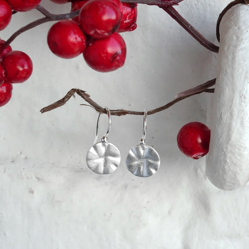 Sterling Silver Hammered Round Disc Drop Earrings