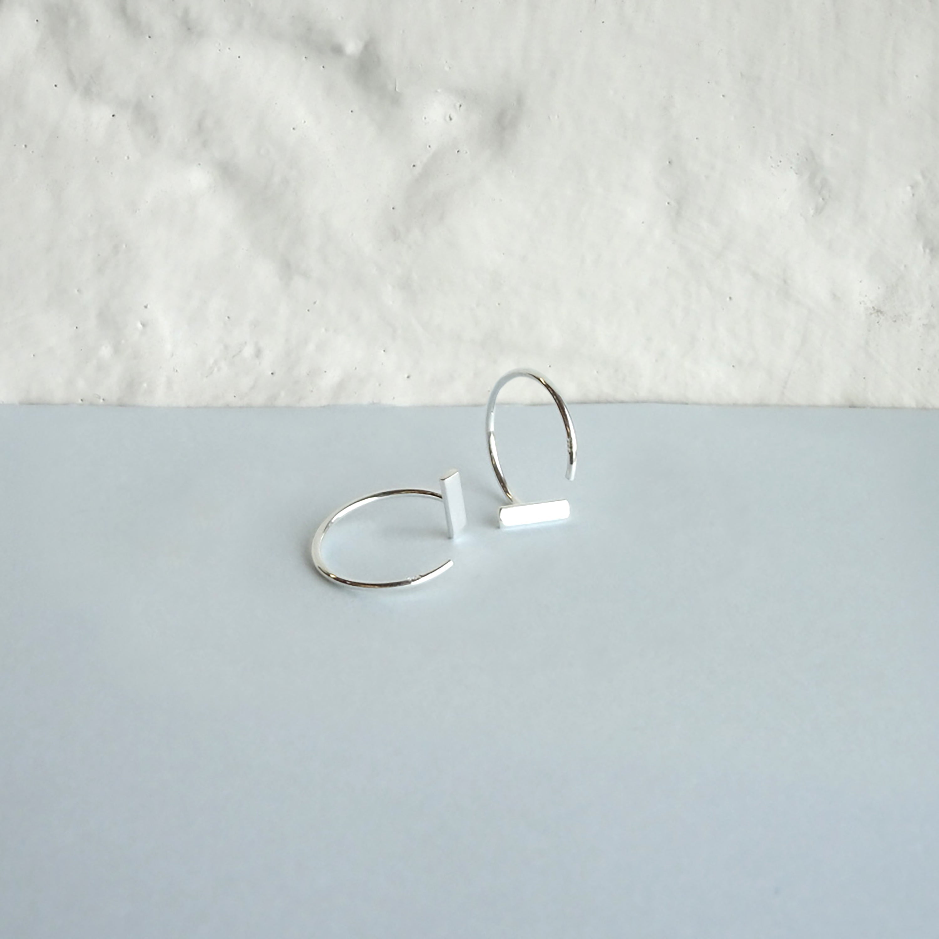 Sterling Silver Minimalist Flat Rectangle Bar Pull Through Open Hoop Earrings