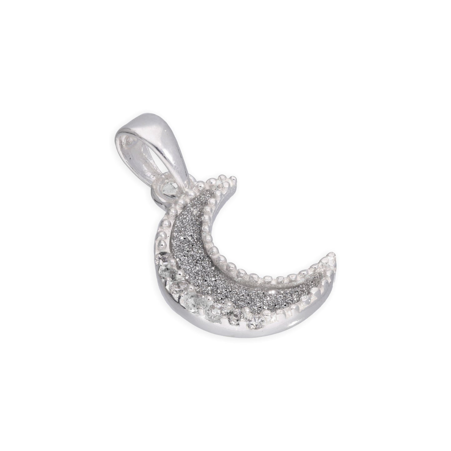 Sterling Silver Frosted Moon Clear CZ Pendant Charm