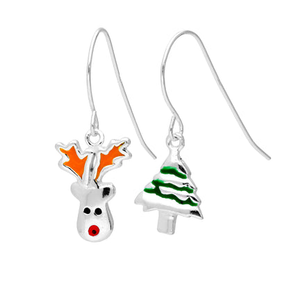 Sterling Silver Red Nose Reindeer Christmas Tree Mix & Match Dangle Drop Earrings