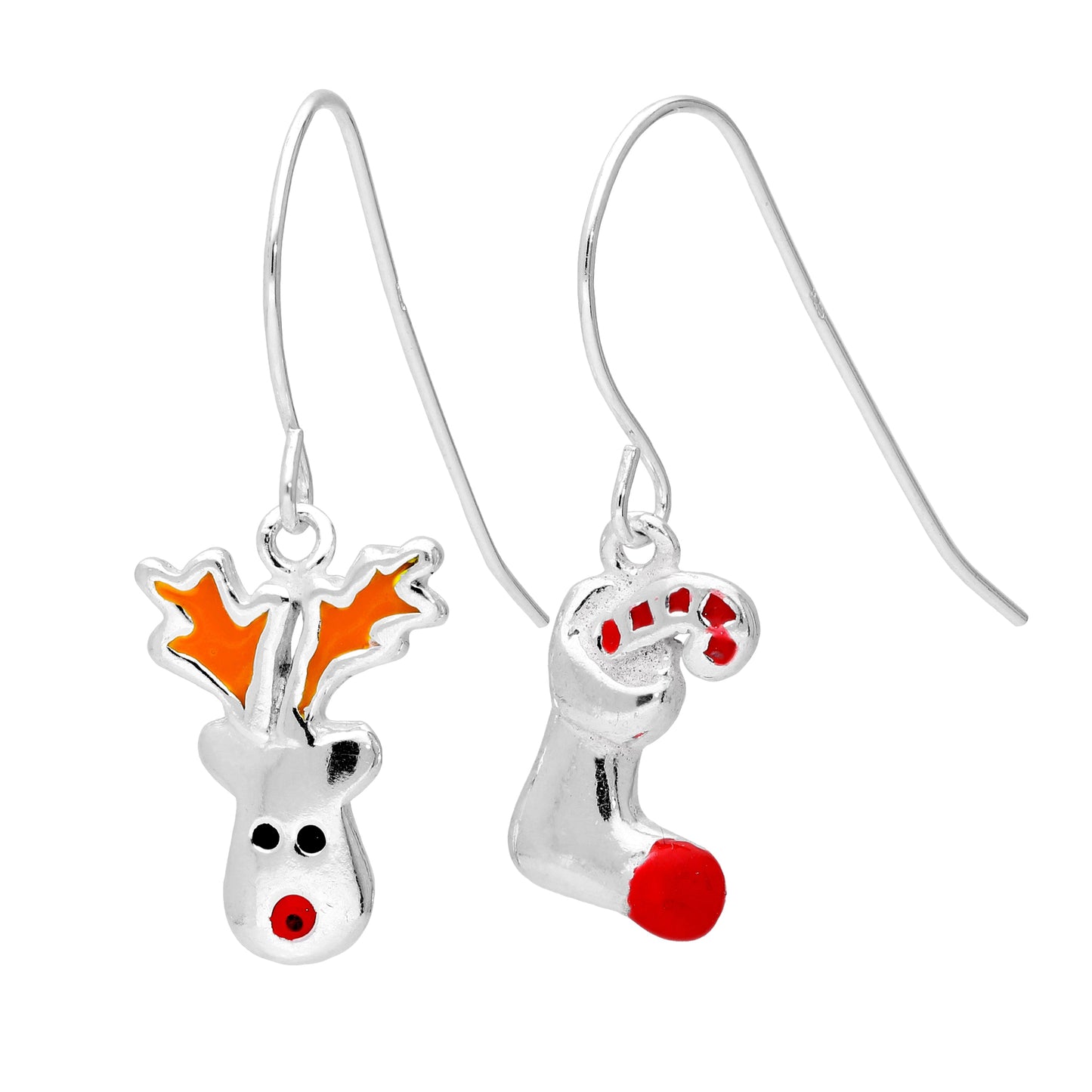 Sterling Silver Red Nose Reindeer Christmas Stocking Mix & Match Dangle Drop Earrings