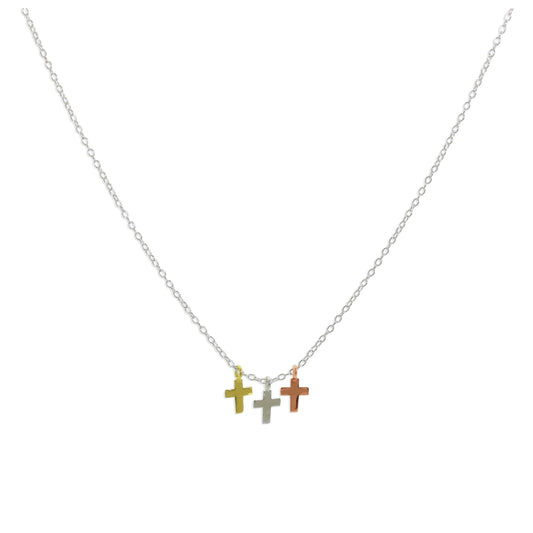 Sterling Silver Mixed Gold Plated Triple Cross Pendant Necklace
