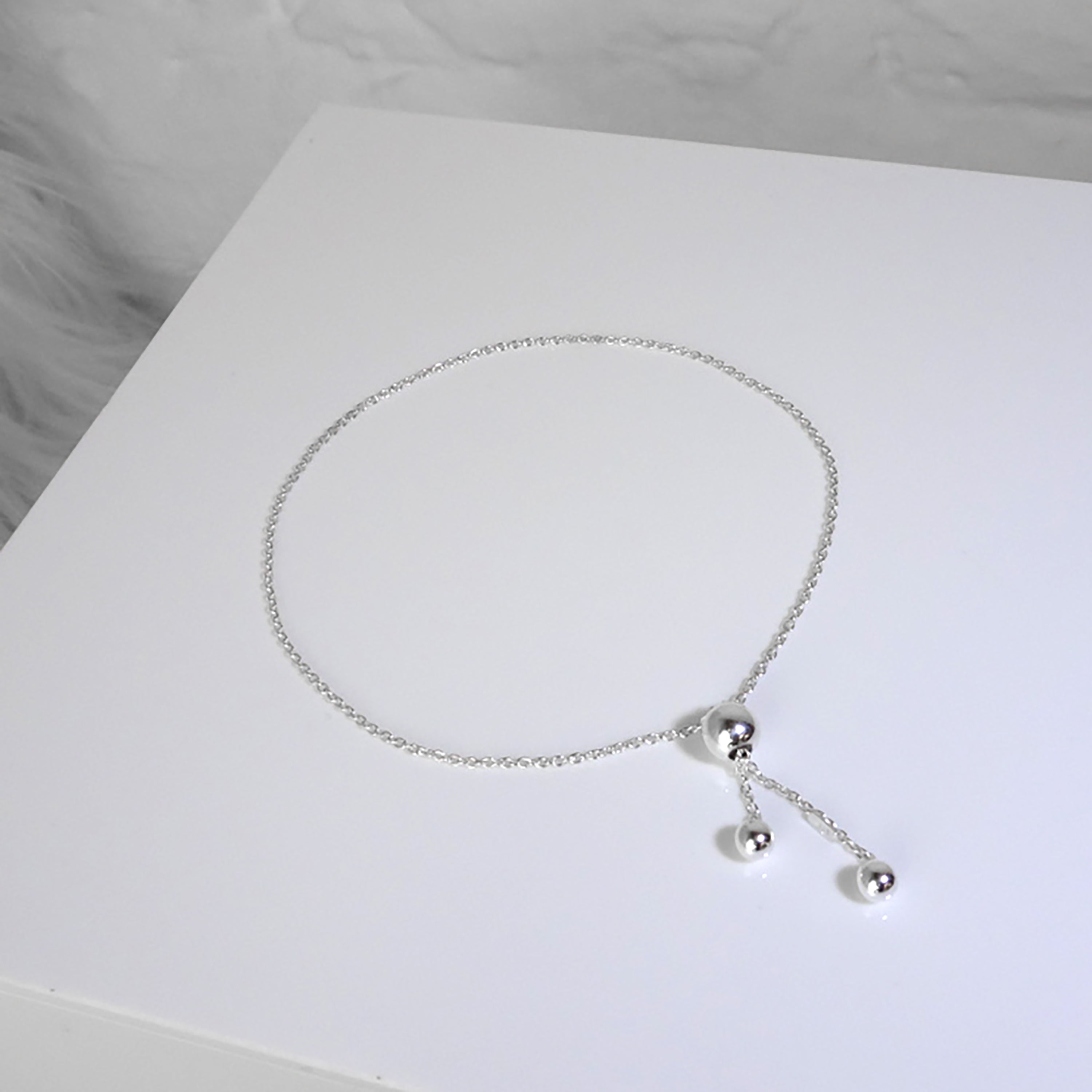 Sterling Silver Fine Chain Slider Ball Clasp Adjustable Bracelet