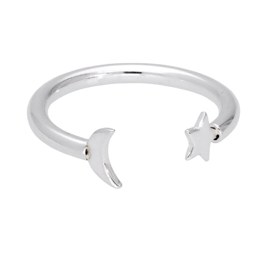 Sterling Silver Moon & Star Open Adjustable Ring