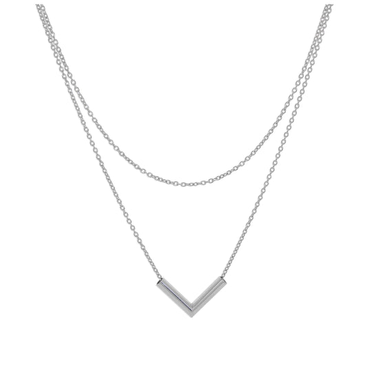 Sterling Silver Double Layer V Bar 16 Inch Necklace