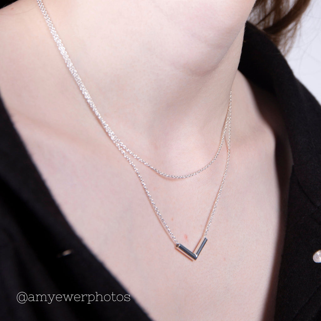 Sterling Silver Double Layer V Bar 16 Inch Necklace