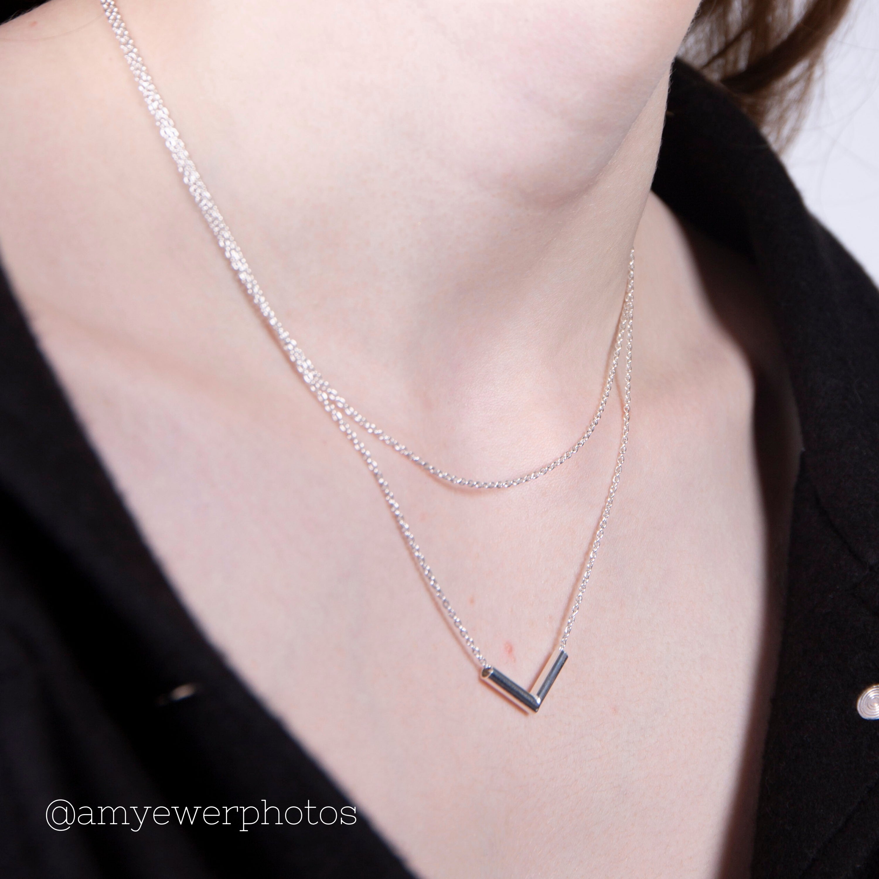 Sterling Silver Double Layer V Bar 16 Inch Necklace