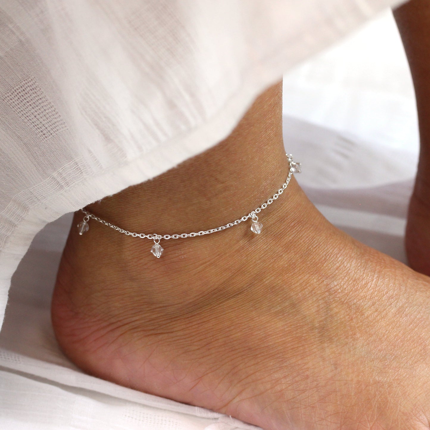 Sterling Silver Clear Crystal Drop Adjustable Anklet
