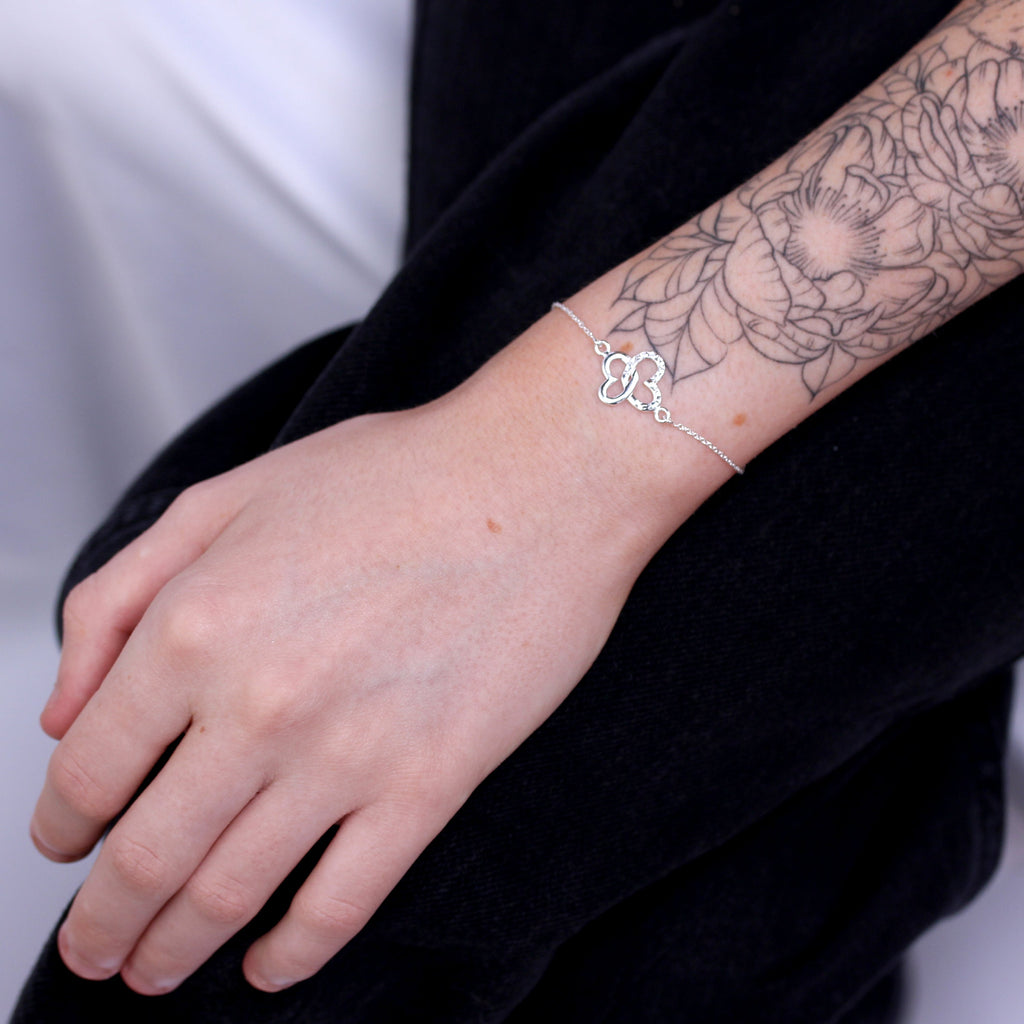 Sterling Silver Interlocking Butterfly Heart Wing Bracelet
