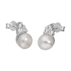 Sterling Silver Synthetic Pearl Clear CZ Stud Earrings