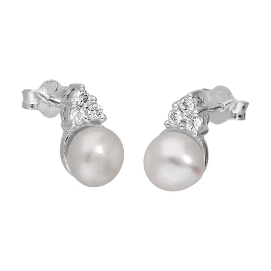 Sterling Silver Synthetic Pearl Clear CZ Stud Earrings