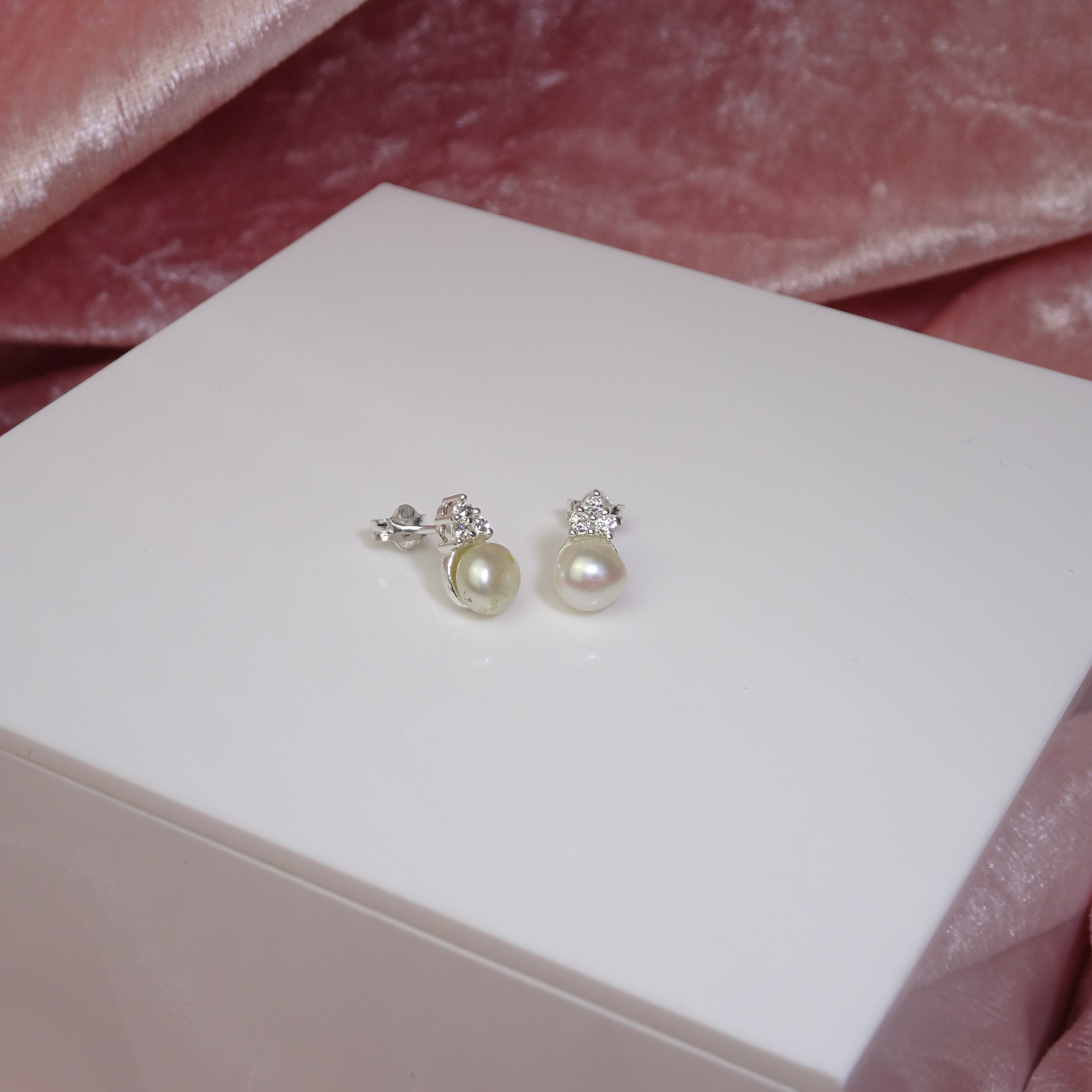 Sterling Silver Synthetic Pearl Clear CZ Stud Earrings