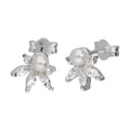 Sterling Silver Clear CZ Flower Synthetic Pearl Stud Earrings