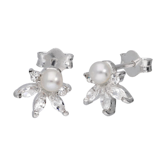 Sterling Silver Clear CZ Flower Synthetic Pearl Stud Earrings