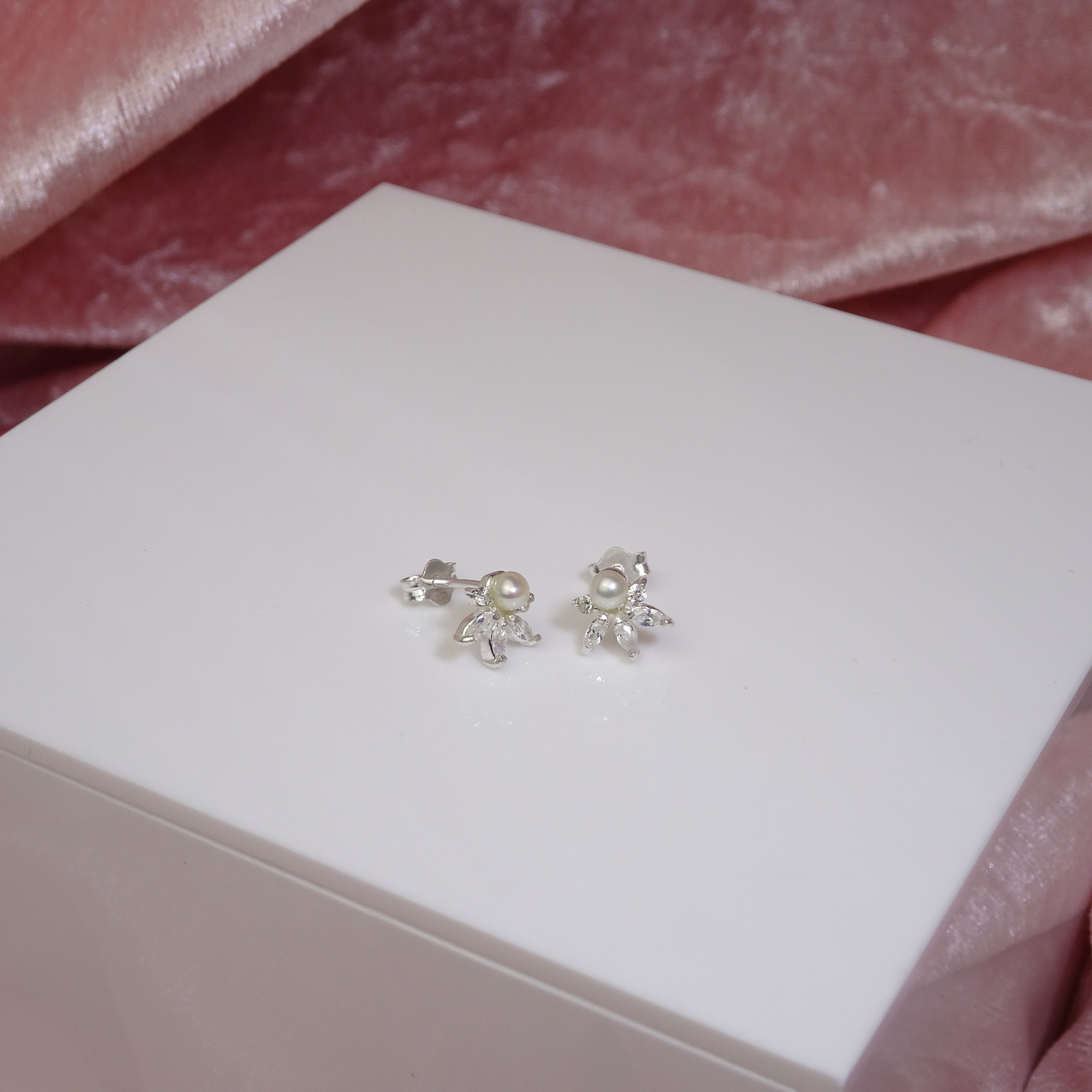 Sterling Silver Clear CZ Flower Synthetic Pearl Stud Earrings