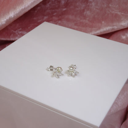 Sterling Silver Clear CZ Flower Synthetic Pearl Stud Earrings