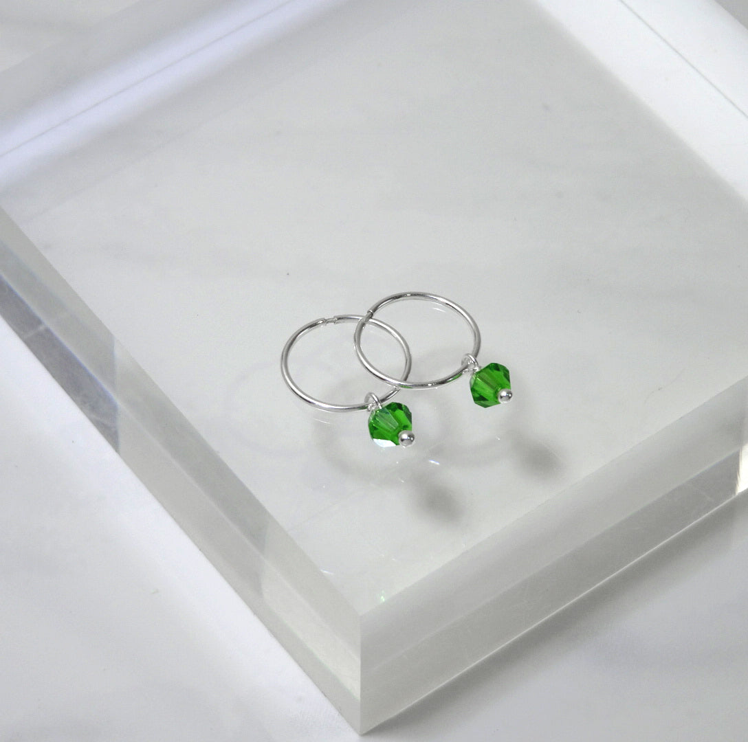 Sterling Silver & Green CZ Crystal Charm Hoop 12mm Earrings