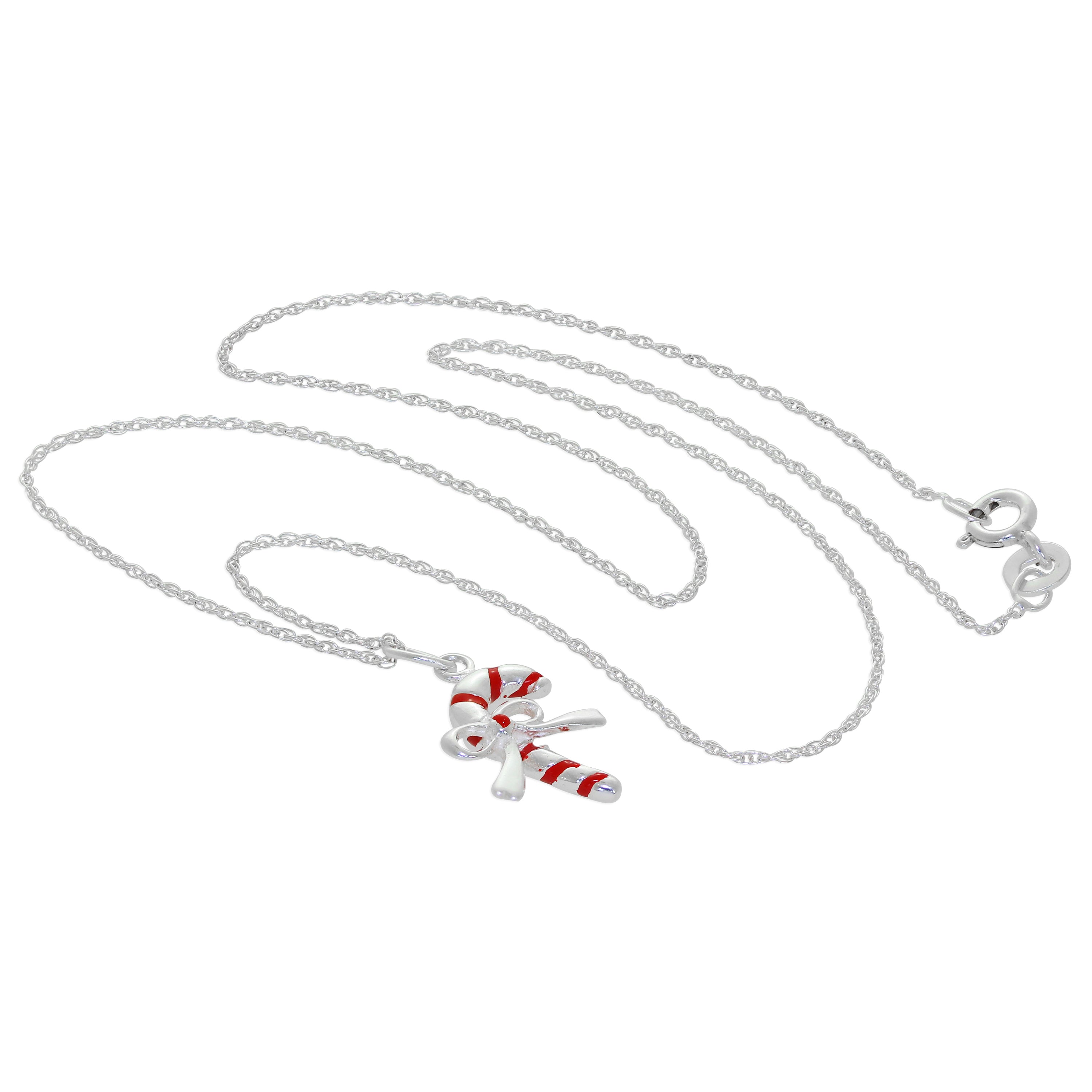 Sterling Silver Candy Cane Bow Red Enamel Necklace - 14 - 24 Inches