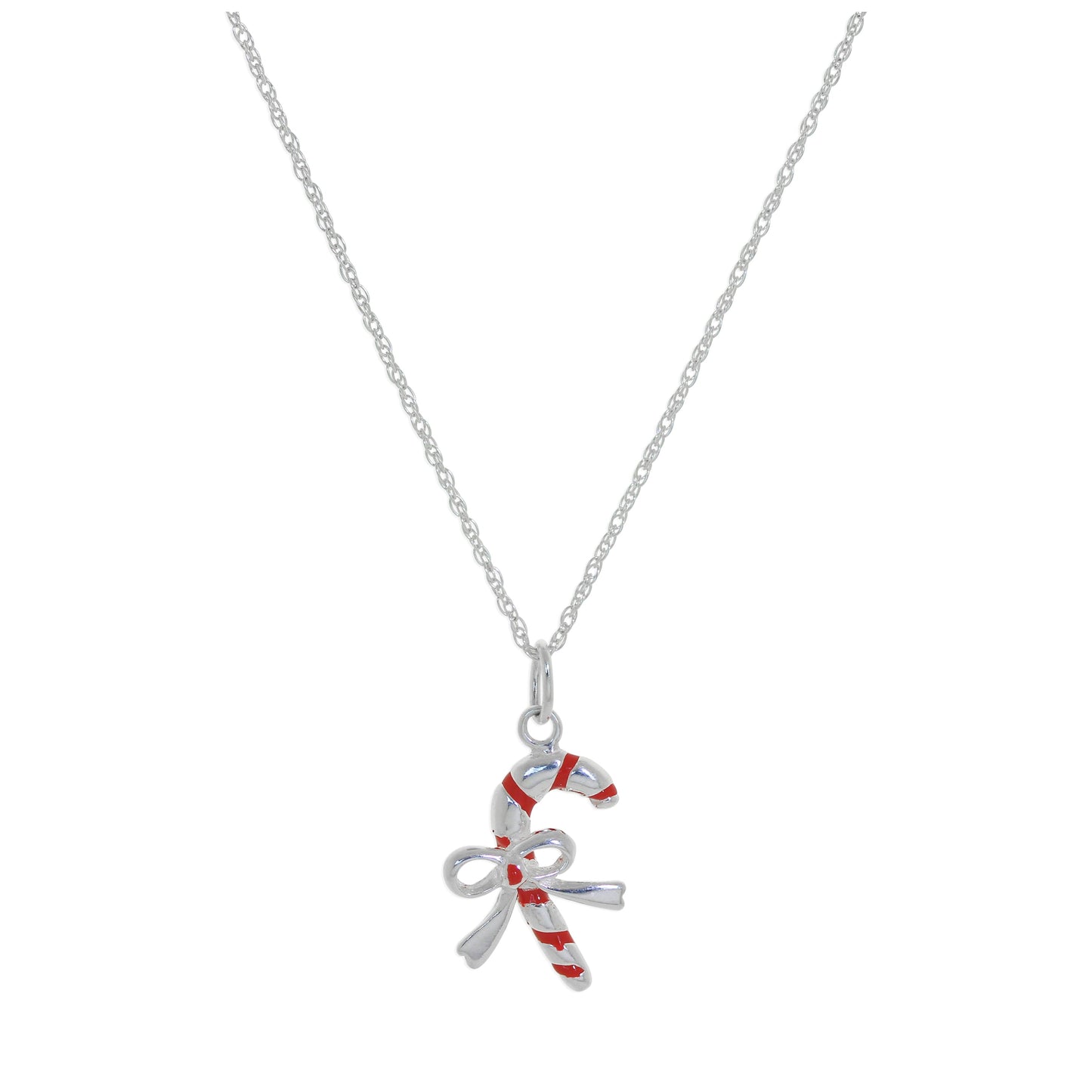 Sterling Silver Candy Cane Bow Red Enamel Necklace - 14 - 24 Inches
