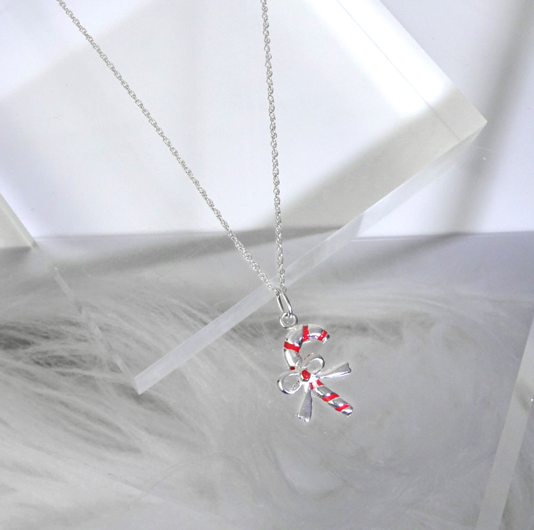 Sterling Silver Candy Cane Bow Red Enamel Necklace - 14 - 24 Inches