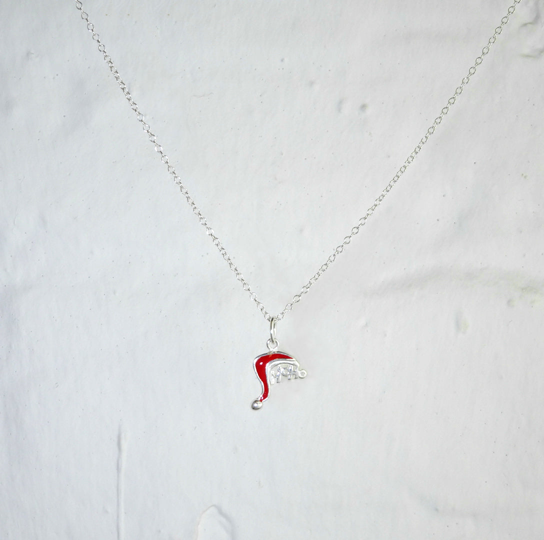 Sterling Silver Christmas Santa Hat HOHOHO Necklace 14 - 22 Inches