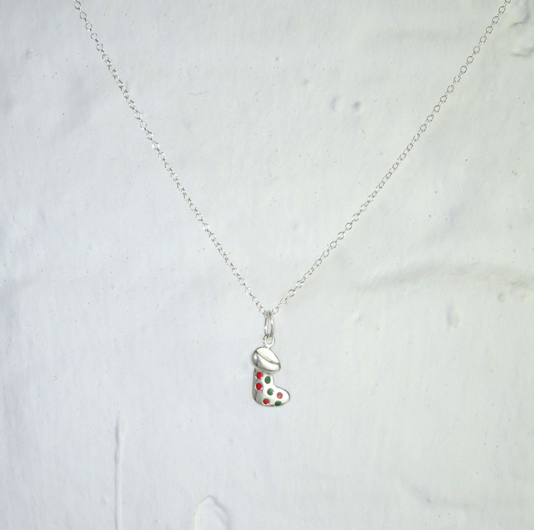 Sterling Silver Red & Green Polka Dot Stocking Necklace