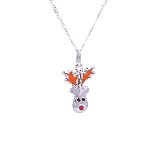 Sterling Silver Red Nose Reindeer Enamel Christmas Necklace