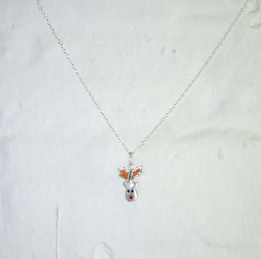 Sterling Silver Red Nose Reindeer Enamel Christmas Necklace
