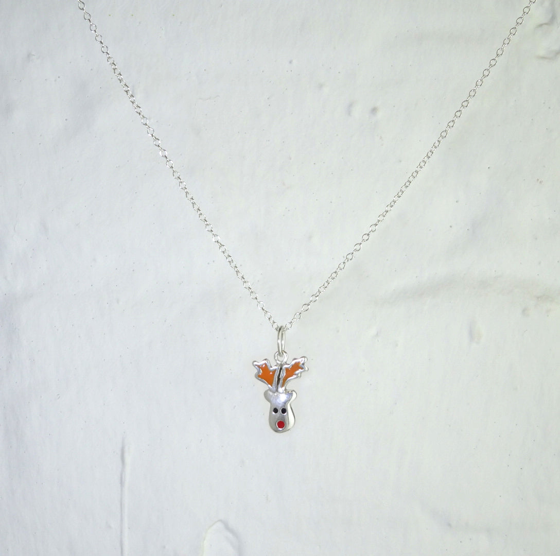 Sterling Silver Red Nose Reindeer Enamel Christmas Necklace