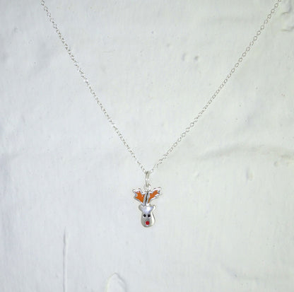 Sterling Silver Red Nose Reindeer Enamel Christmas Necklace