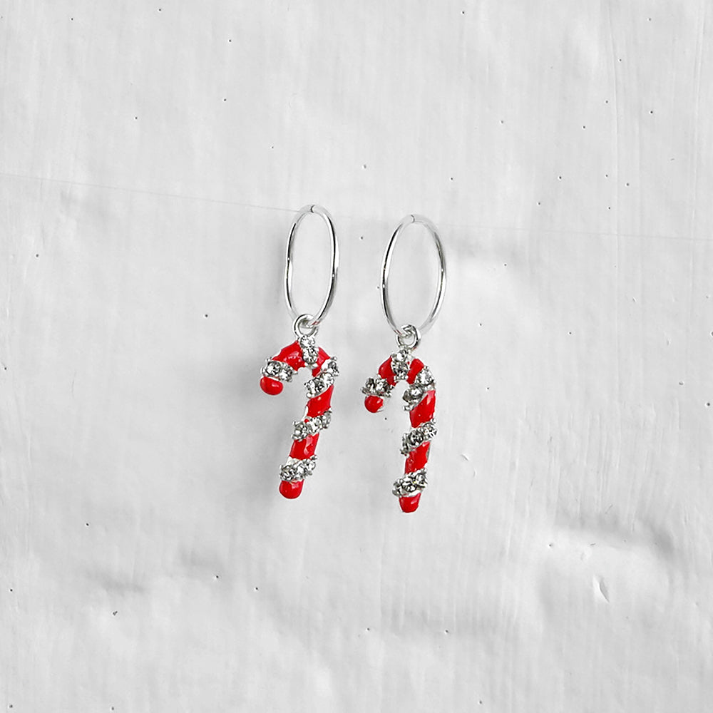Sterling Silver Candy Cane Charm Hoop 12mm Earrings