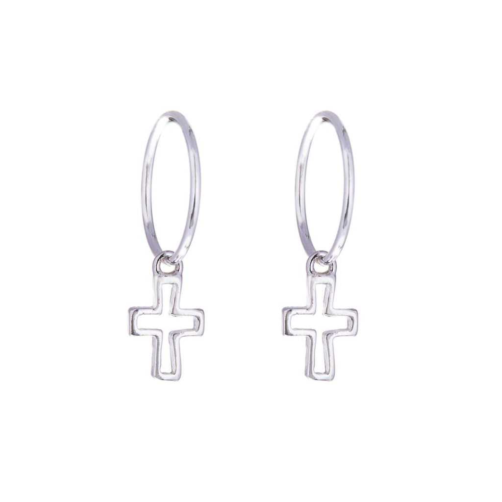 Sterling Silver Cross Outline Charm Hoop 12mm Earrings