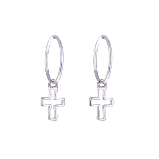 Sterling Silver Cross Outline Charm Hoop 12mm Earrings