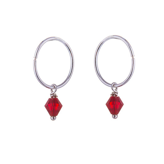 Sterling Silver Red CZ Crystal Bead Charm Hoop 12mm Earrings