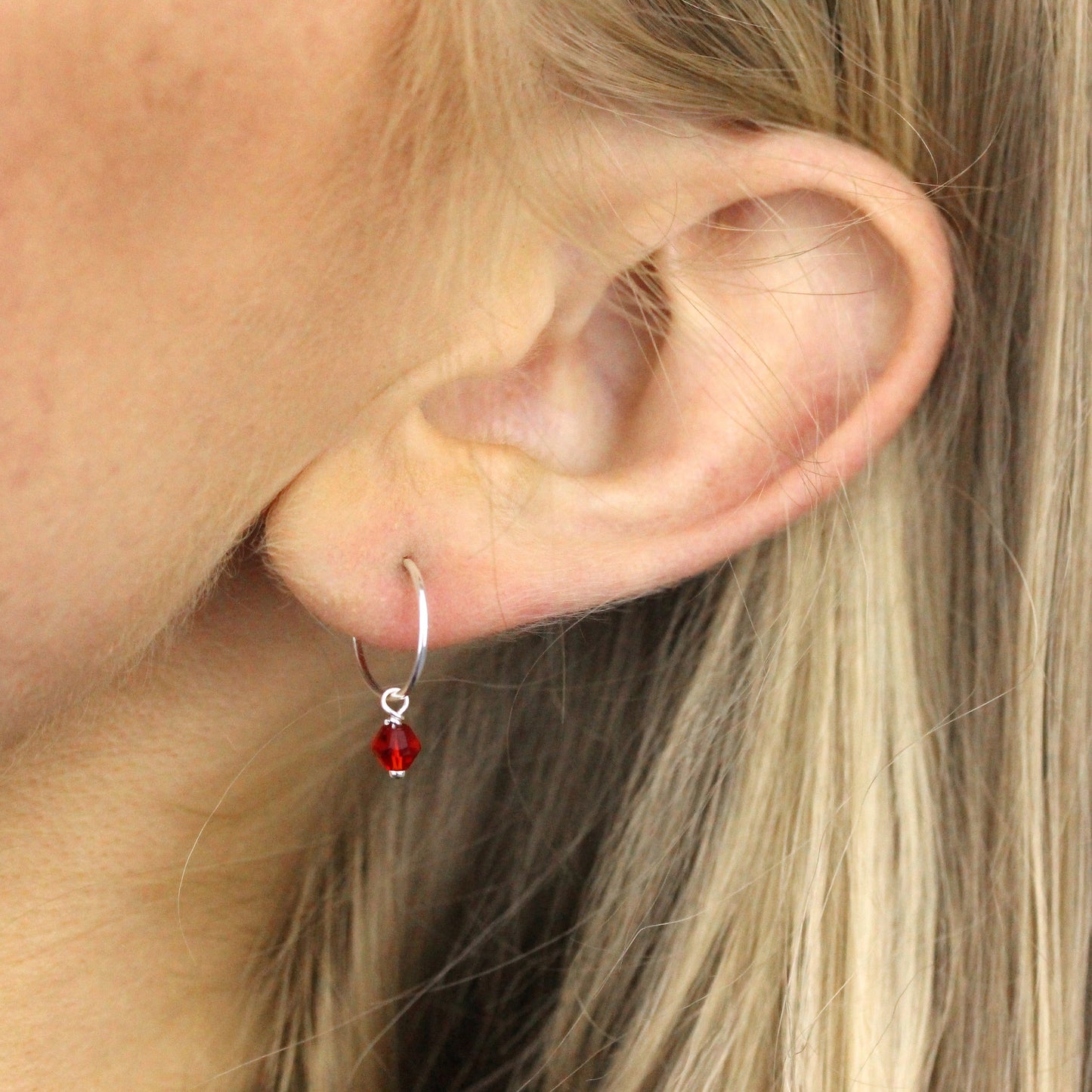 Sterling Silver Red CZ Crystal Bead Charm Hoop 12mm Earrings