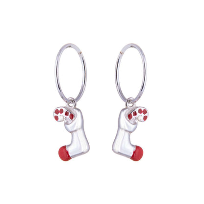 Sterling Silver Stocking & Candy Cane Charm Hoop 12mm Earrings