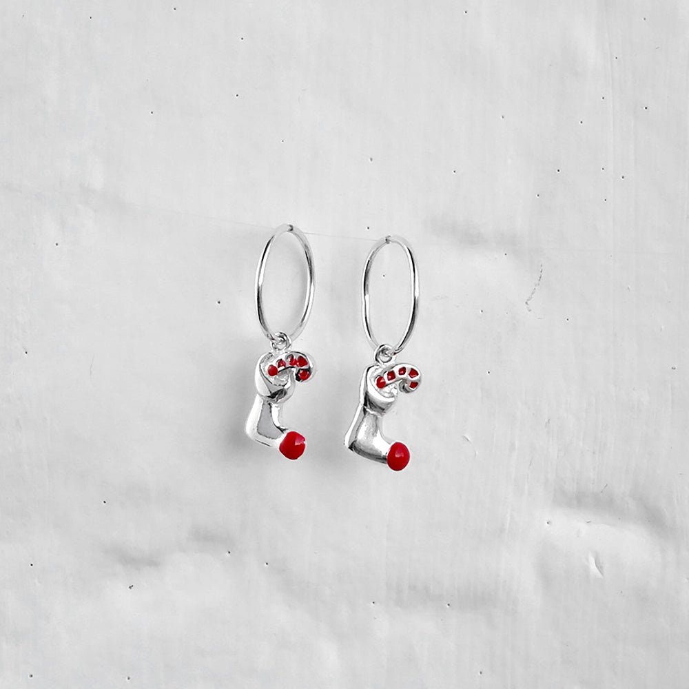 Sterling Silver Stocking & Candy Cane Charm Hoop 12mm Earrings