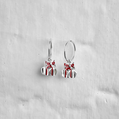 Sterling Silver Christmas Present Charm Hoop 12mm Earrings