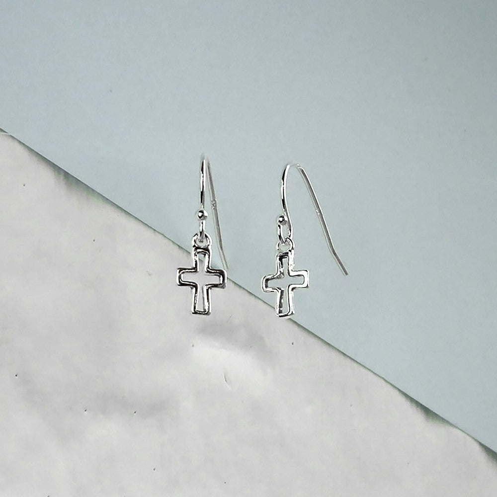 Sterling Silver Cross Outline Charm Fishhook Earrings