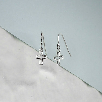 Sterling Silver Cross Outline Charm Fishhook Earrings