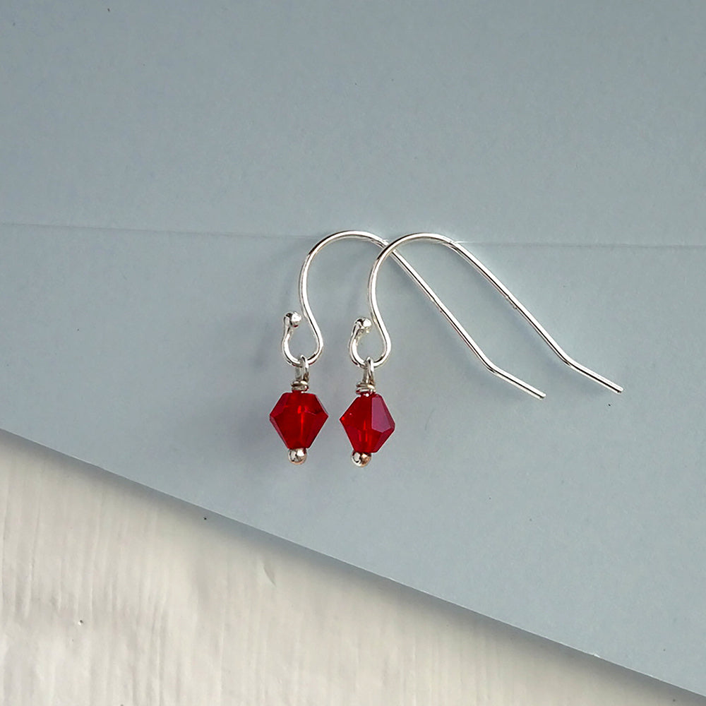 Sterling Silver & Red CZ Bead Fishhook Earrings
