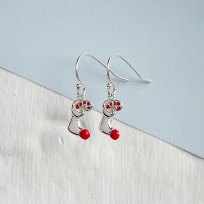 Sterling Silver Stocking & Candy Cane Charm Fishhook Earrings