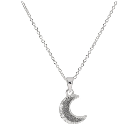 Sterling Silver Frosted Moon Clear CZ Necklace - 16 - 32 Inches