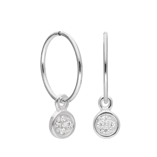 Sterling Silver Clear CZ Pave Round Charm Hoop 12mm Earrings