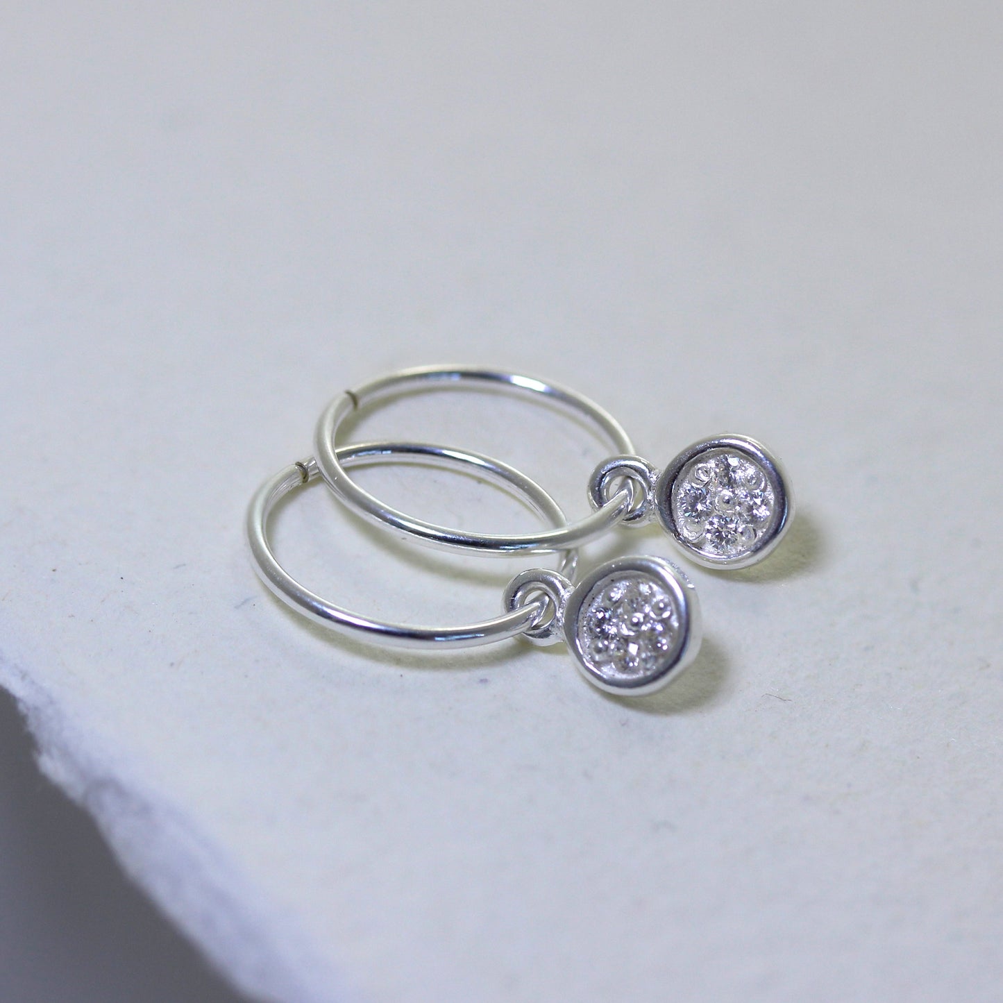 Sterling Silver Clear CZ Pave Round Charm Hoop 12mm Earrings